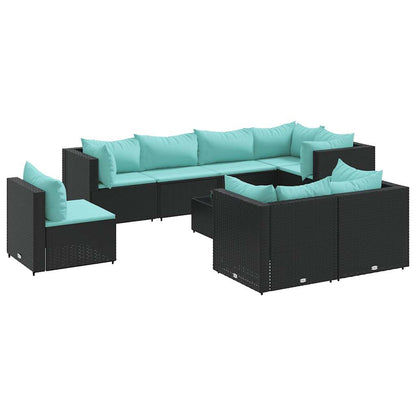 9-delige Loungeset met kussens poly rattan zwart