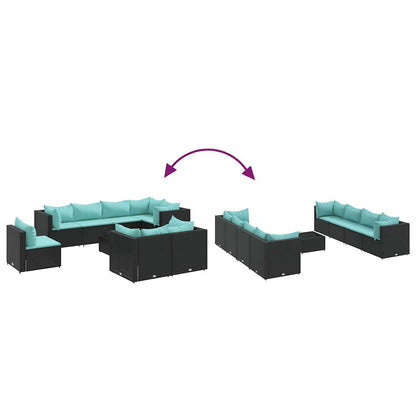 9-delige Loungeset met kussens poly rattan zwart