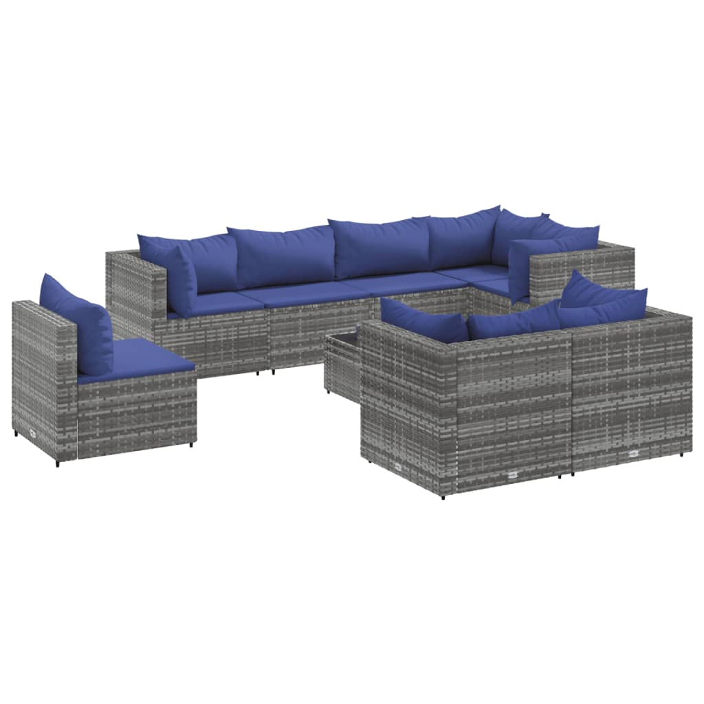 9-delige Loungeset met kussens poly rattan grijs