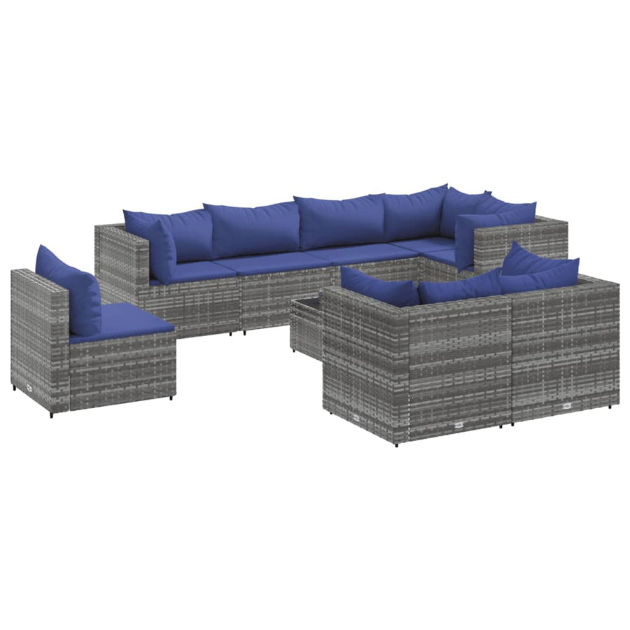 9-delige Loungeset met kussens poly rattan grijs