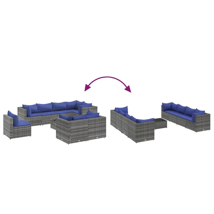 9-delige Loungeset met kussens poly rattan grijs