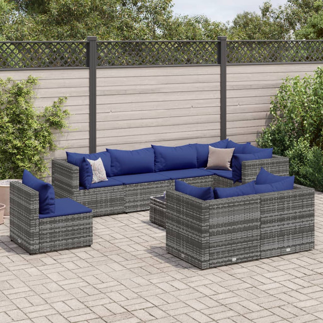 9-delige Loungeset met kussens poly rattan grijs