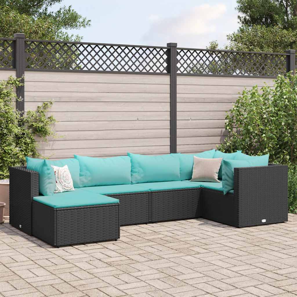 6-delige Loungeset met kussens poly rattan zwart