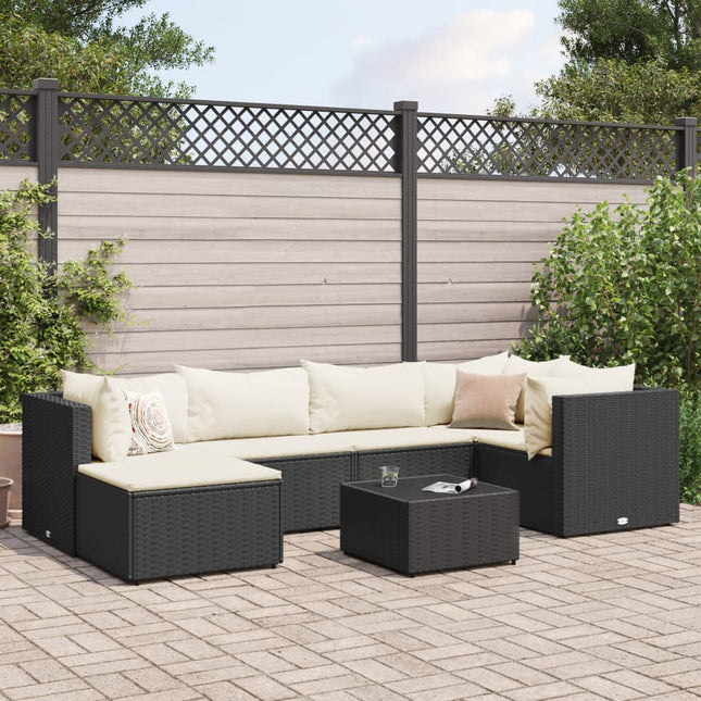 7-delige Loungeset met kussens poly rattan zwart