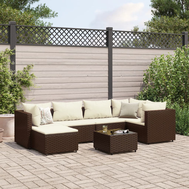 7-delige Loungeset met kussens poly rattan bruin