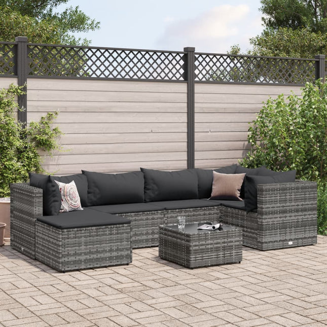 7-delige Loungeset met kussens poly rattan grijs