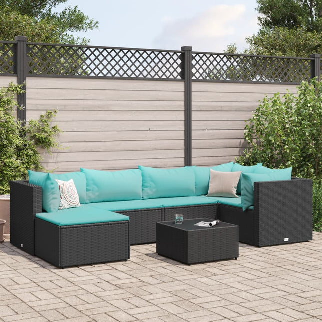 7-delige Loungeset met kussens poly rattan zwart