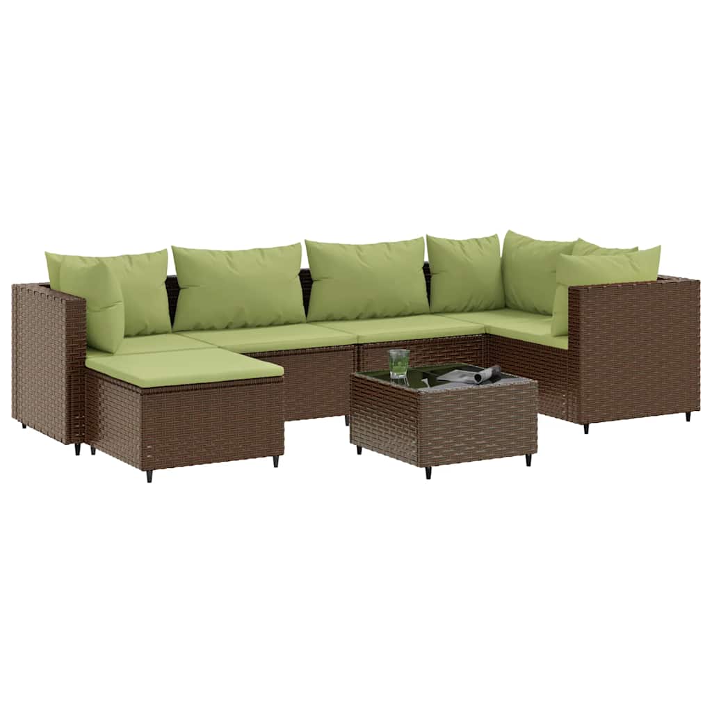 7-Delige Loungeset Met Kussens Poly Rattan 1 Bruin en groen