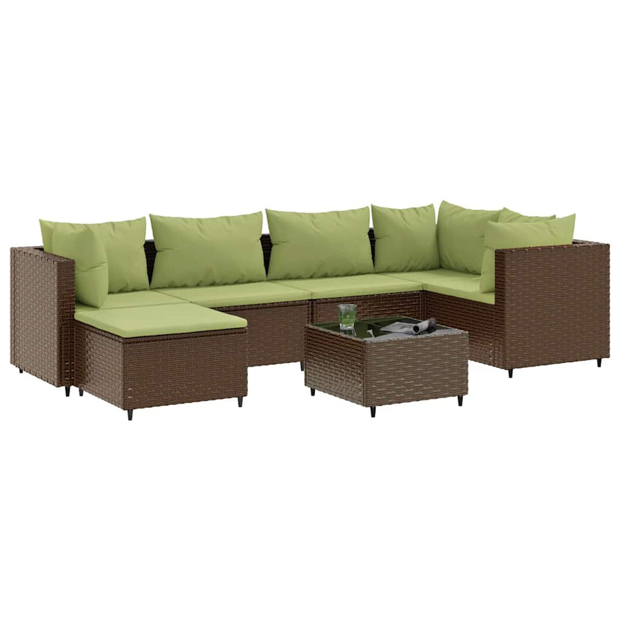 7-Delige Loungeset Met Kussens Poly Rattan 1 Bruin en groen
