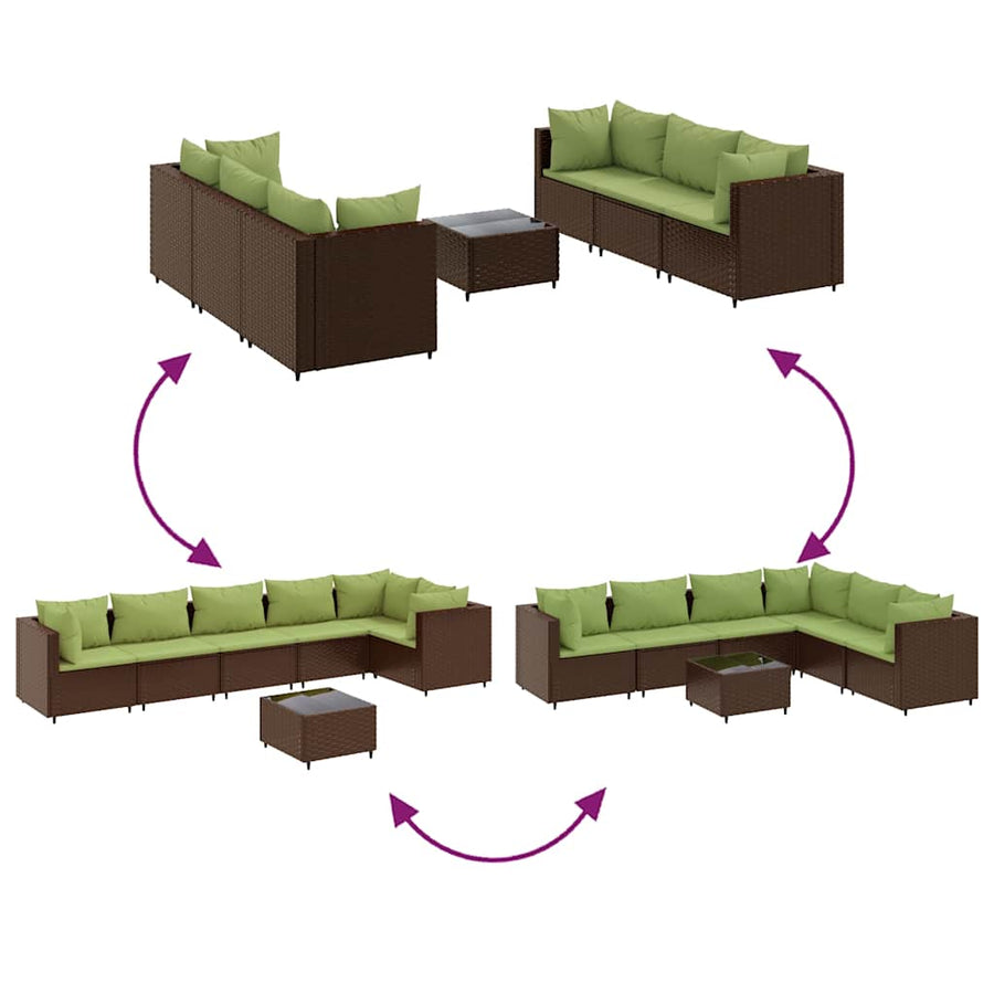 7-Delige Loungeset Met Kussens Poly Rattan 1 Bruin en groen