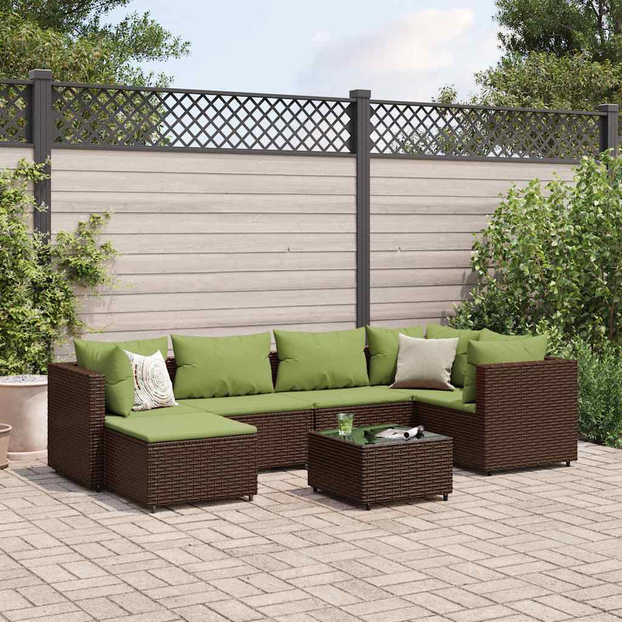 7-Delige Loungeset Met Kussens Poly Rattan 1 Bruin en groen