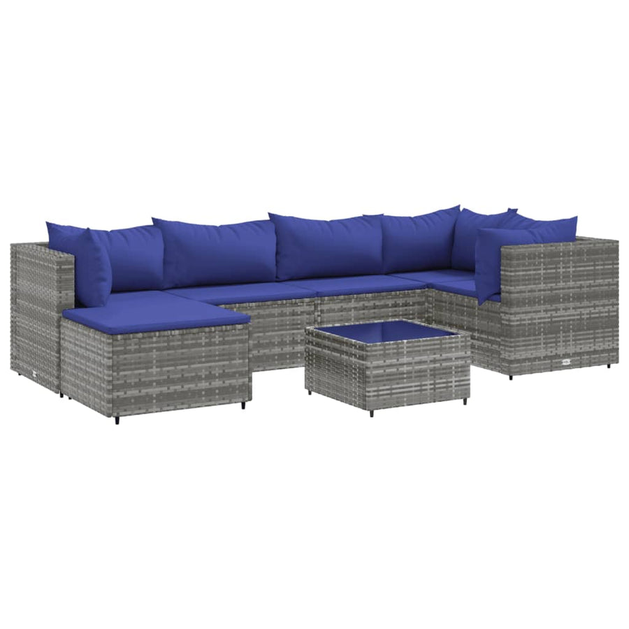 7-delige Loungeset met kussens poly rattan grijs