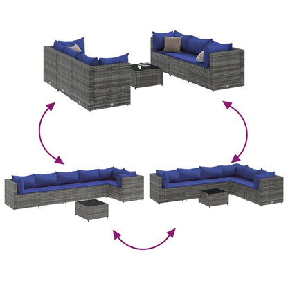 7-delige Loungeset met kussens poly rattan grijs