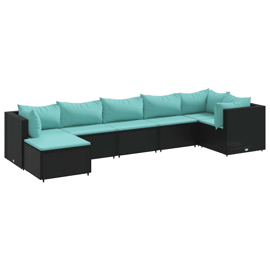 7-delige Loungeset met kussens poly rattan zwart
