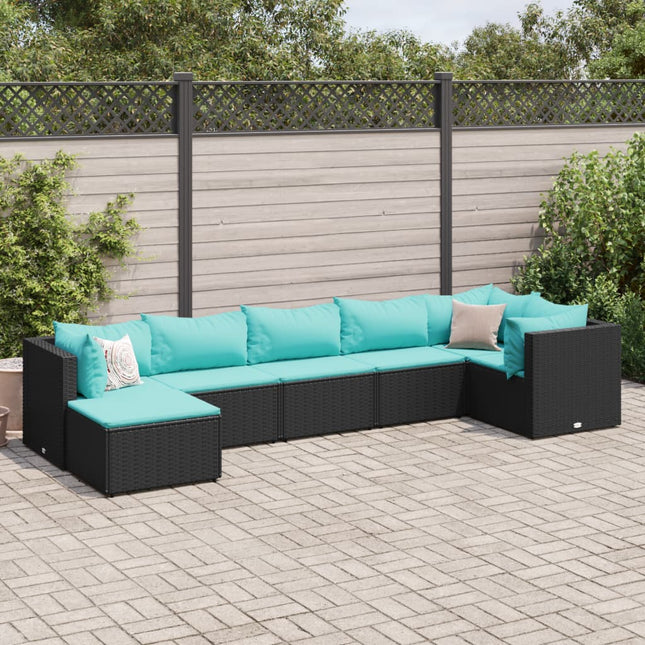 7-delige Loungeset met kussens poly rattan zwart