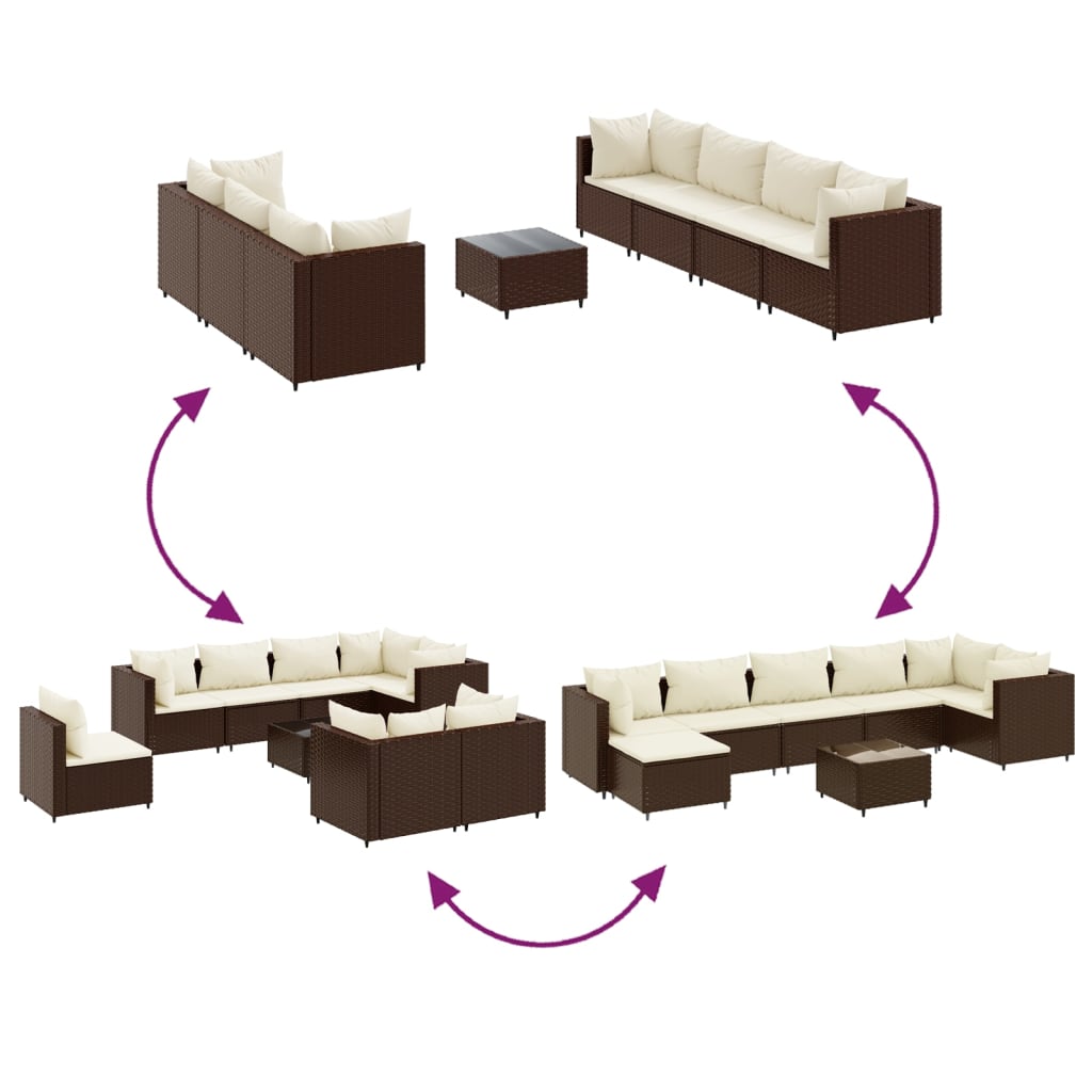 8-delige Loungeset met kussens poly rattan bruin