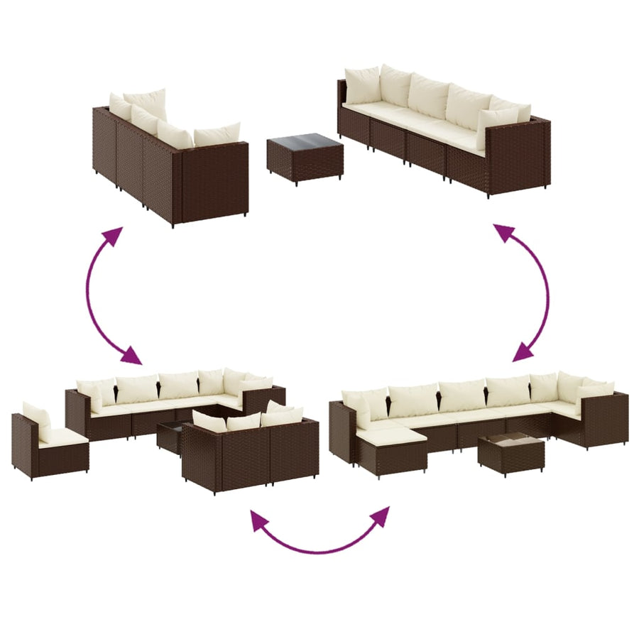 8-delige Loungeset met kussens poly rattan bruin