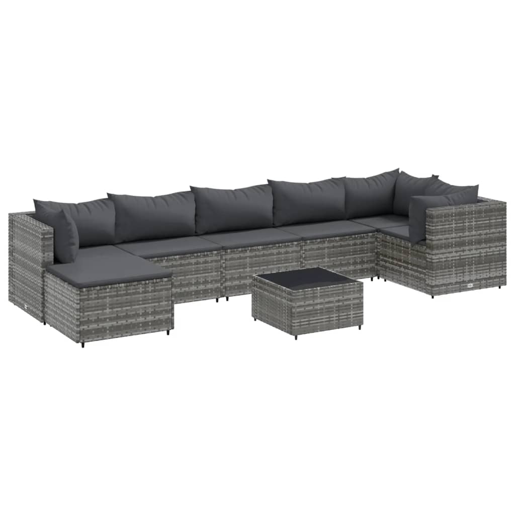 8-delige Loungeset met kussens poly rattan grijs