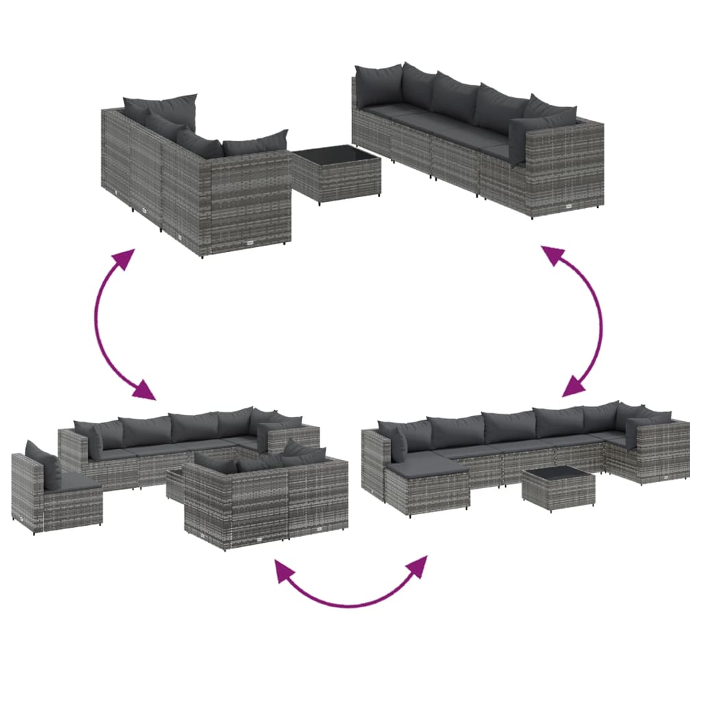 8-delige Loungeset met kussens poly rattan grijs