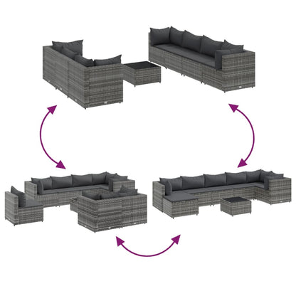 8-delige Loungeset met kussens poly rattan grijs