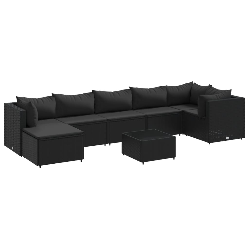 8-delige Loungeset met kussens poly rattan zwart