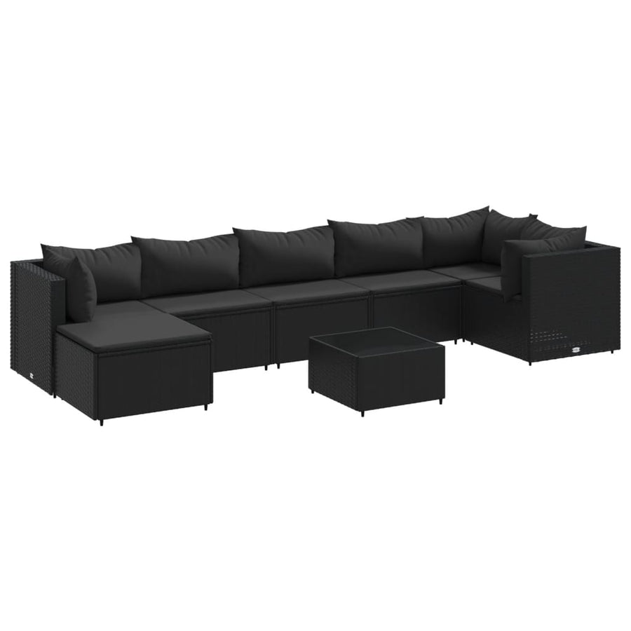 8-delige Loungeset met kussens poly rattan zwart
