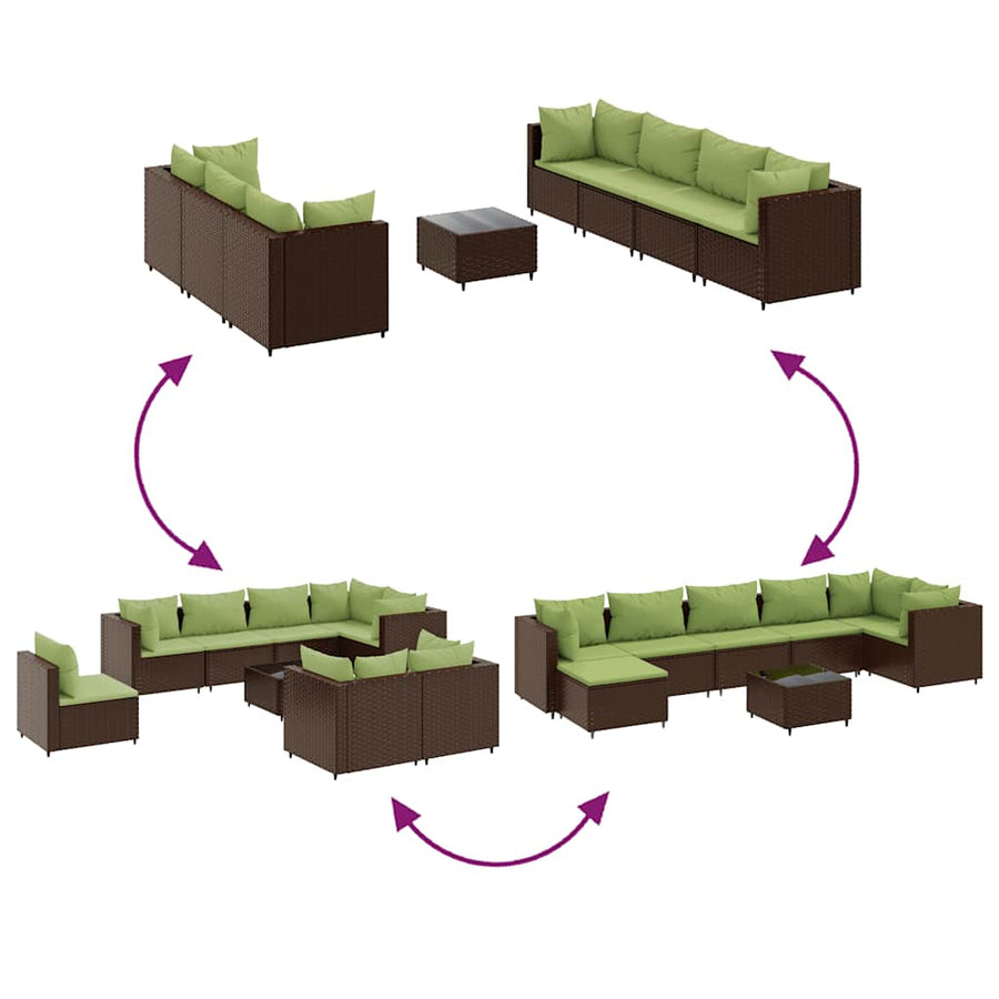 8-delige Loungeset met kussens poly rattan bruin