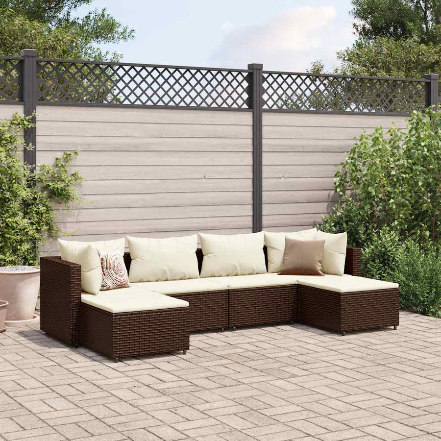 6-Delige Loungeset Met Kussens Poly Rattan Bruin en wit