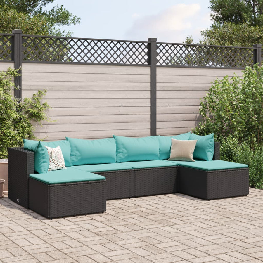 6-delige Loungeset met kussens poly rattan zwart