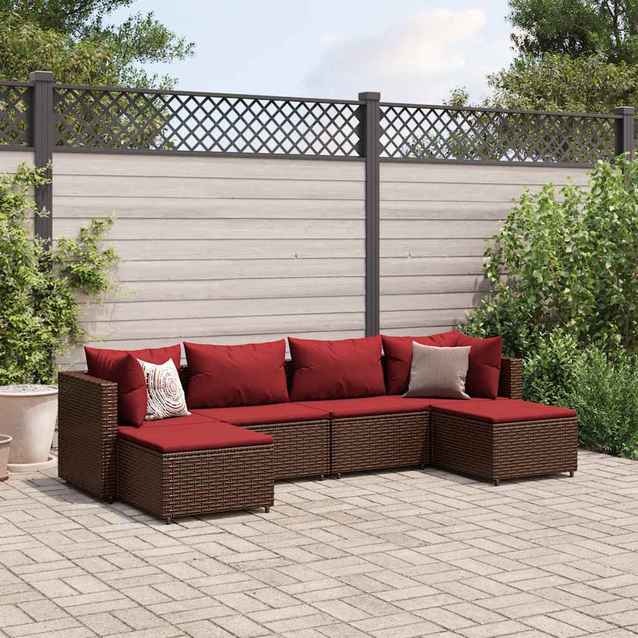 6-delige Loungeset met kussens poly rattan bruin
