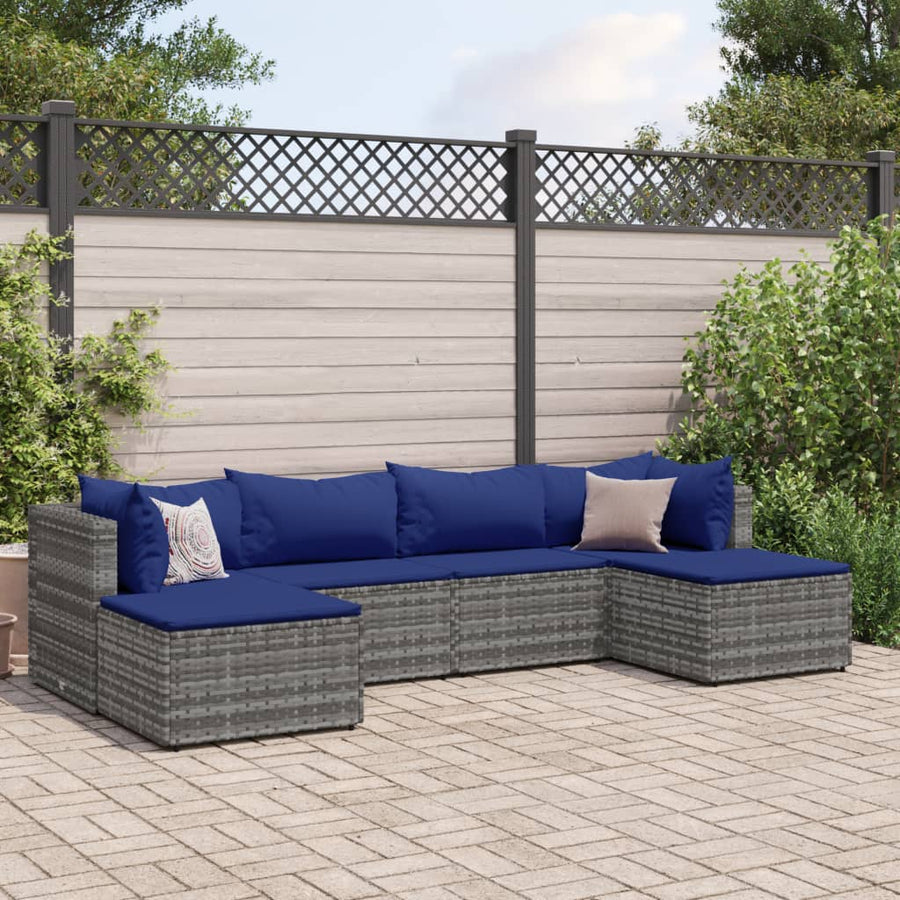 6-delige Loungeset met kussens poly rattan grijs