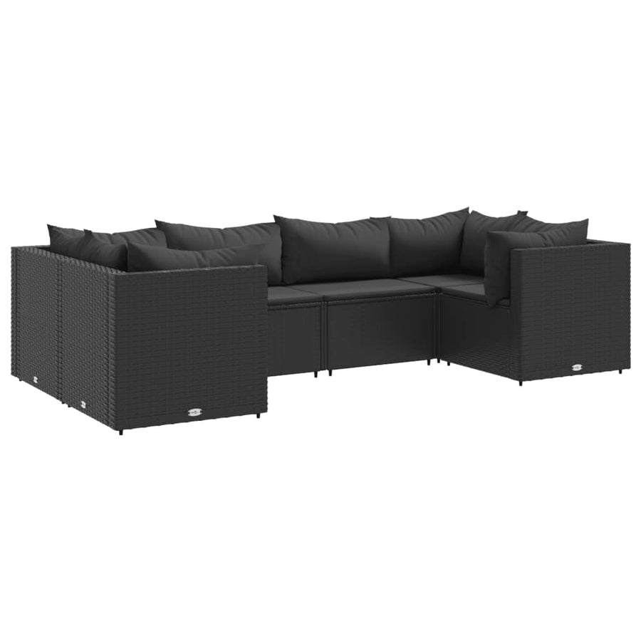 6-delige Loungeset met kussens poly rattan zwart