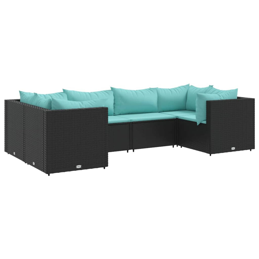 6-delige Loungeset met kussens poly rattan zwart