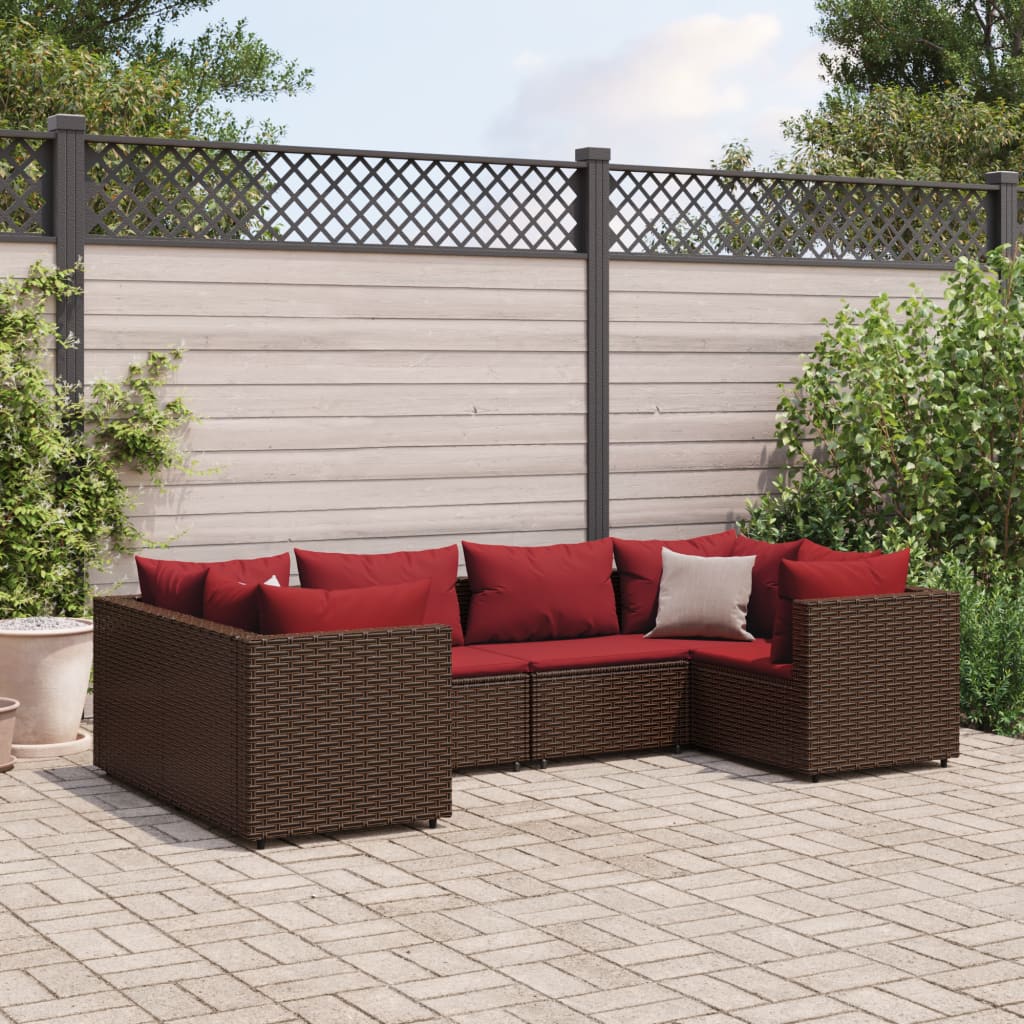 6-delige Loungeset met kussens poly rattan bruin