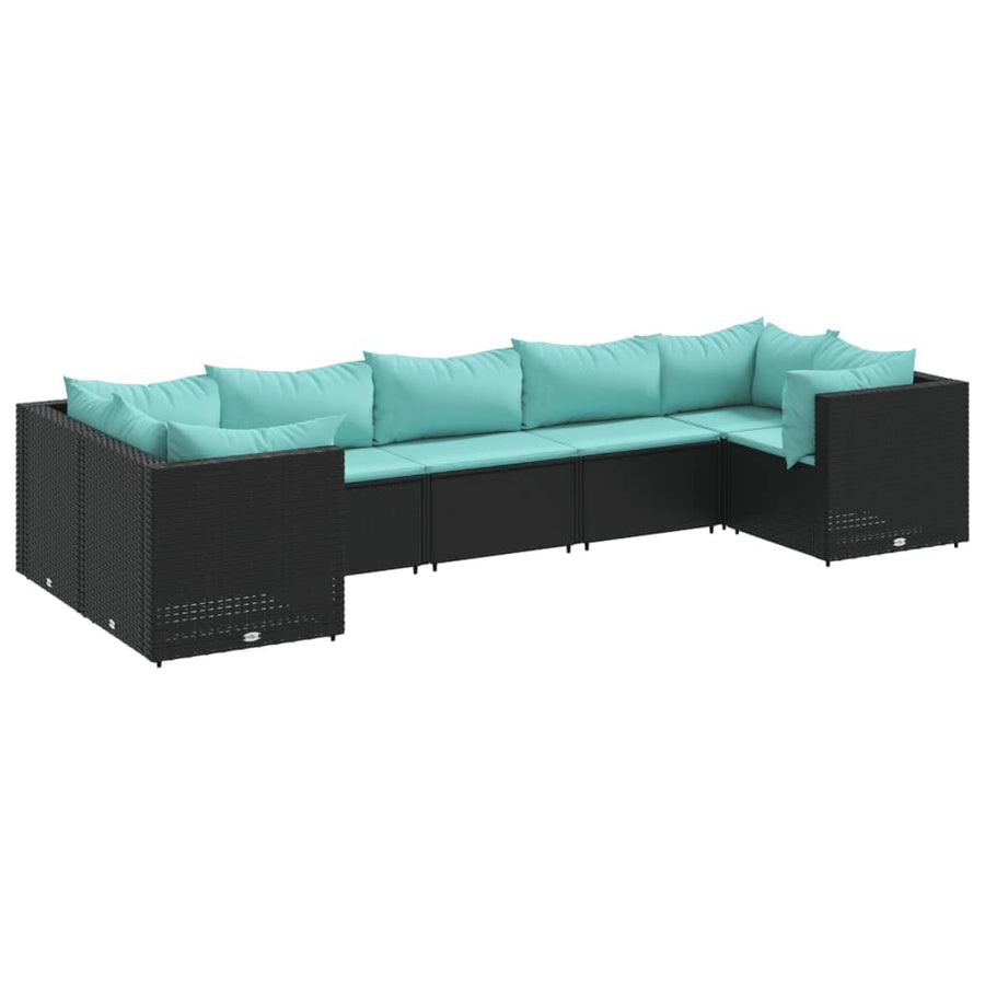7-delige Loungeset met kussens poly rattan zwart