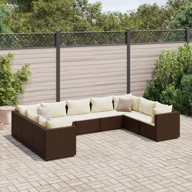 9-delige Loungeset met kussens poly rattan bruin