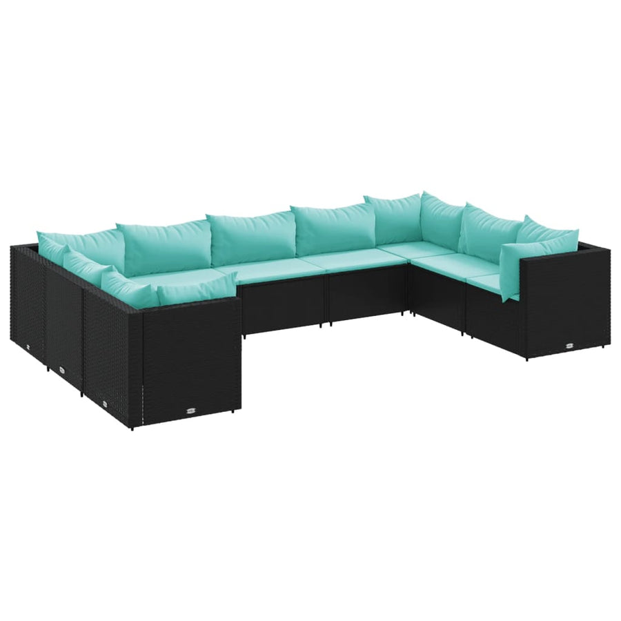 9-delige Loungeset met kussens poly rattan zwart