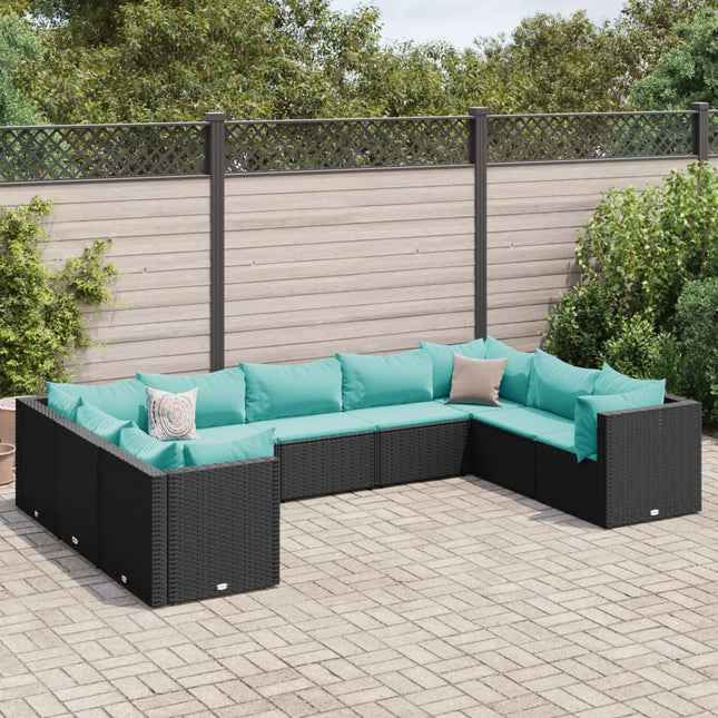 9-delige Loungeset met kussens poly rattan zwart