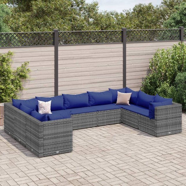 9-delige Loungeset met kussens poly rattan grijs