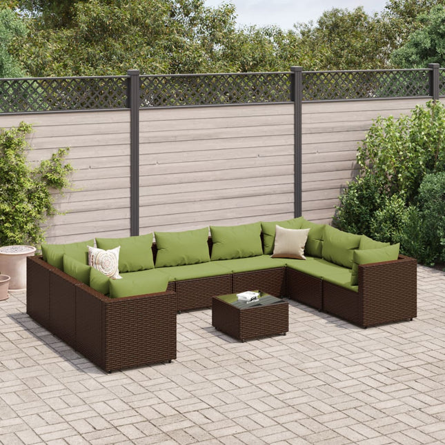 10-delige Loungeset met kussens poly rattan bruin