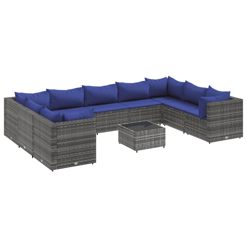 10-delige Loungeset met kussens poly rattan grijs