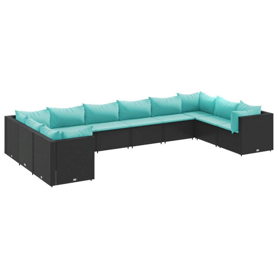 10-delige Loungeset met kussens poly rattan zwart