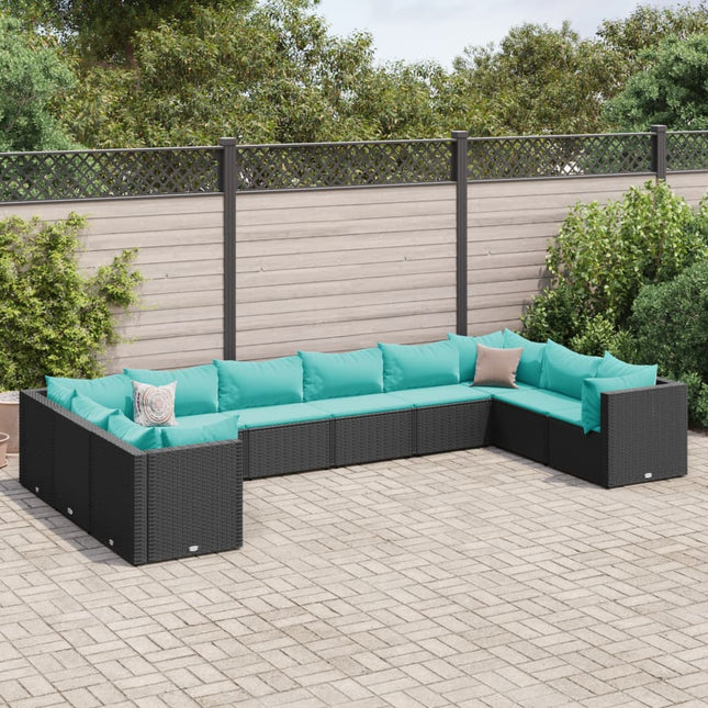 10-delige Loungeset met kussens poly rattan zwart