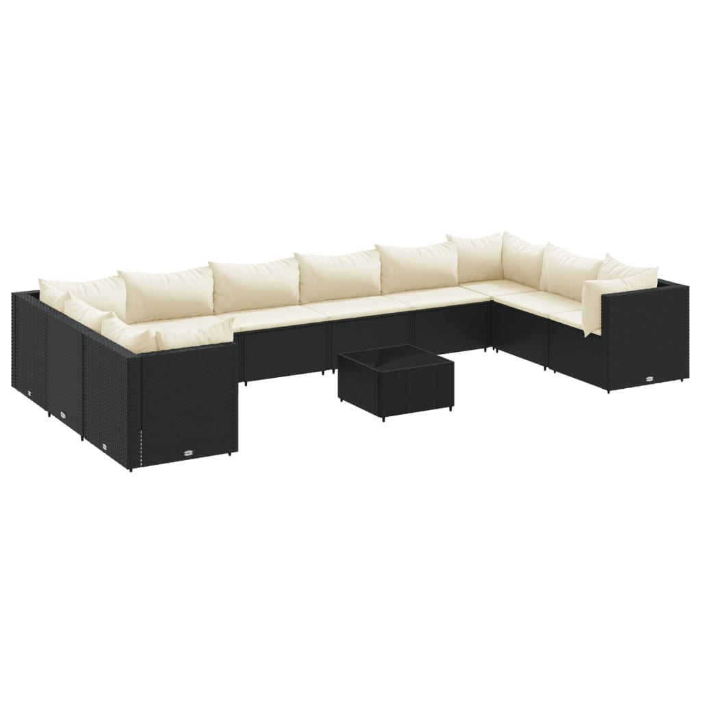 11-delige Loungeset met kussens poly rattan zwart
