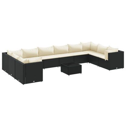11-delige Loungeset met kussens poly rattan zwart