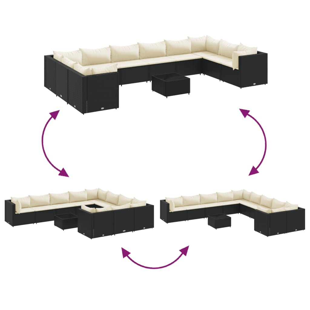 11-delige Loungeset met kussens poly rattan zwart