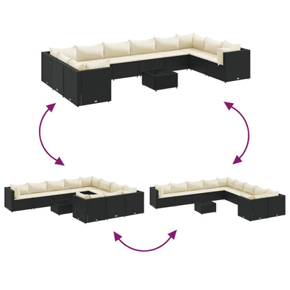 11-delige Loungeset met kussens poly rattan zwart