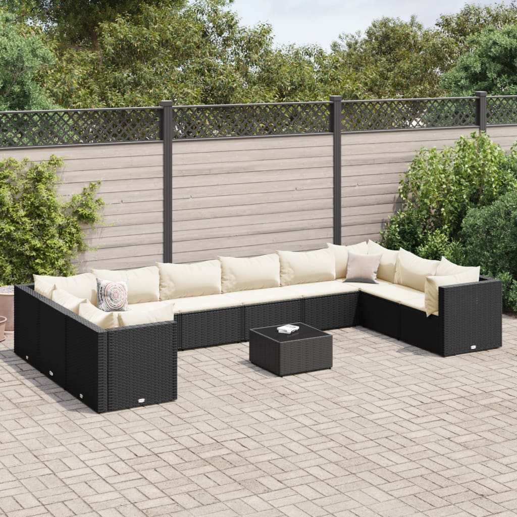 11-delige Loungeset met kussens poly rattan zwart