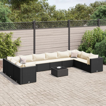 11-delige Loungeset met kussens poly rattan zwart
