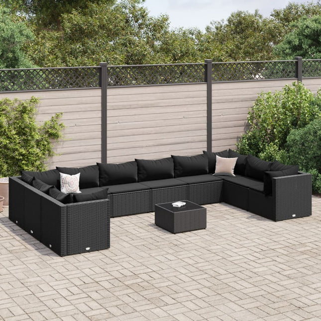 11-delige Loungeset met kussens poly rattan zwart